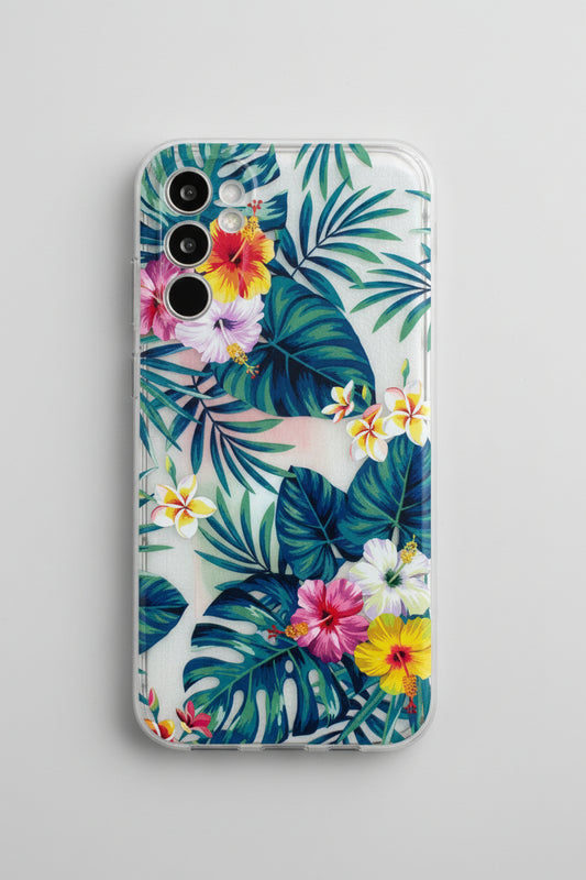 Phone case with tropical floral design on a textured surface