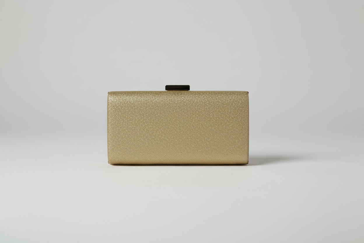 Sparkling gold clutch with gold chain attachment for a strap