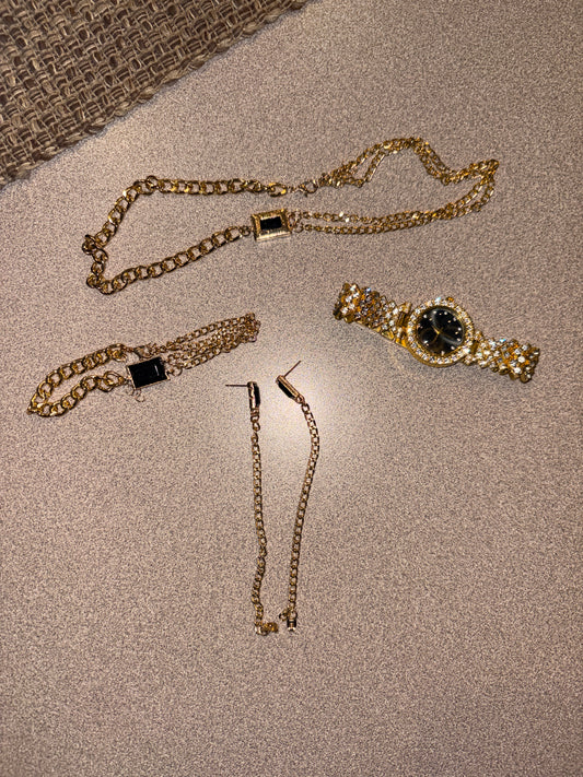 Costume, jewelry earrings, watch bracelet, and necklace
