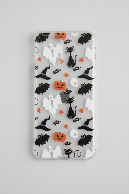 Phone case with Halloween-themed design featuring cats, pumpkins, and witches' hats on a beige background.