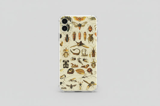 Phone case with insect illustrations on a textured surface