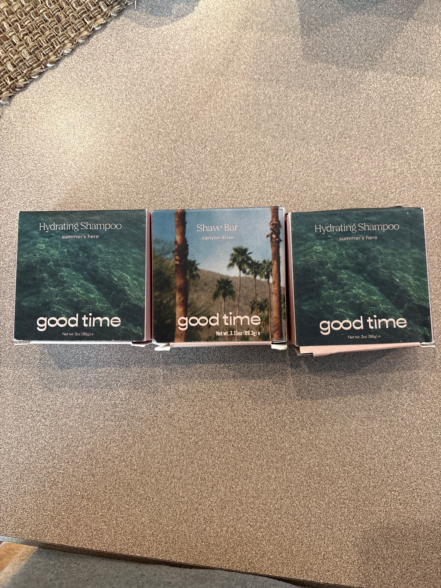 Good time, hydrating shampoo, and shave bar three in a set